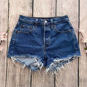 F1 -- LEVI'S 501 blue high rise button fly cut hem stretch denim shorts 25